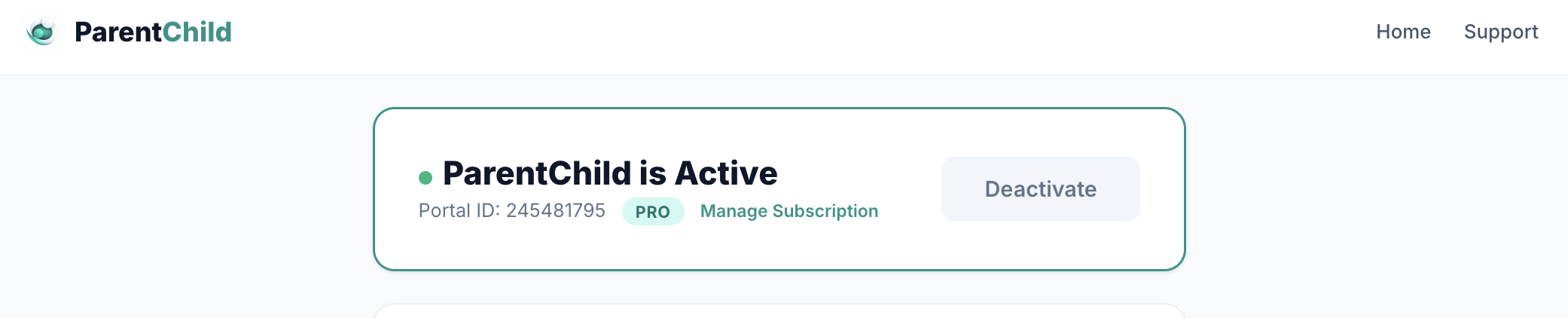 ParentChild settings page showing Manage Subscription link for Pro users